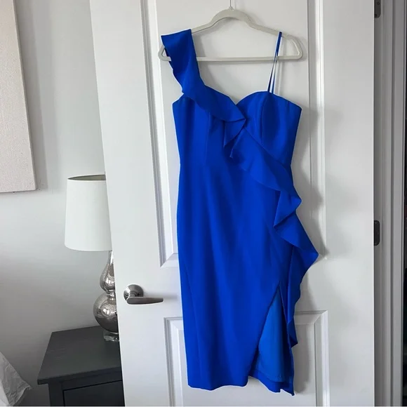 Aidan Mattox | Dresses | Aidan Mattox Womens Blue Ruffled Oneshoulder Midi  Dress | Poshmark